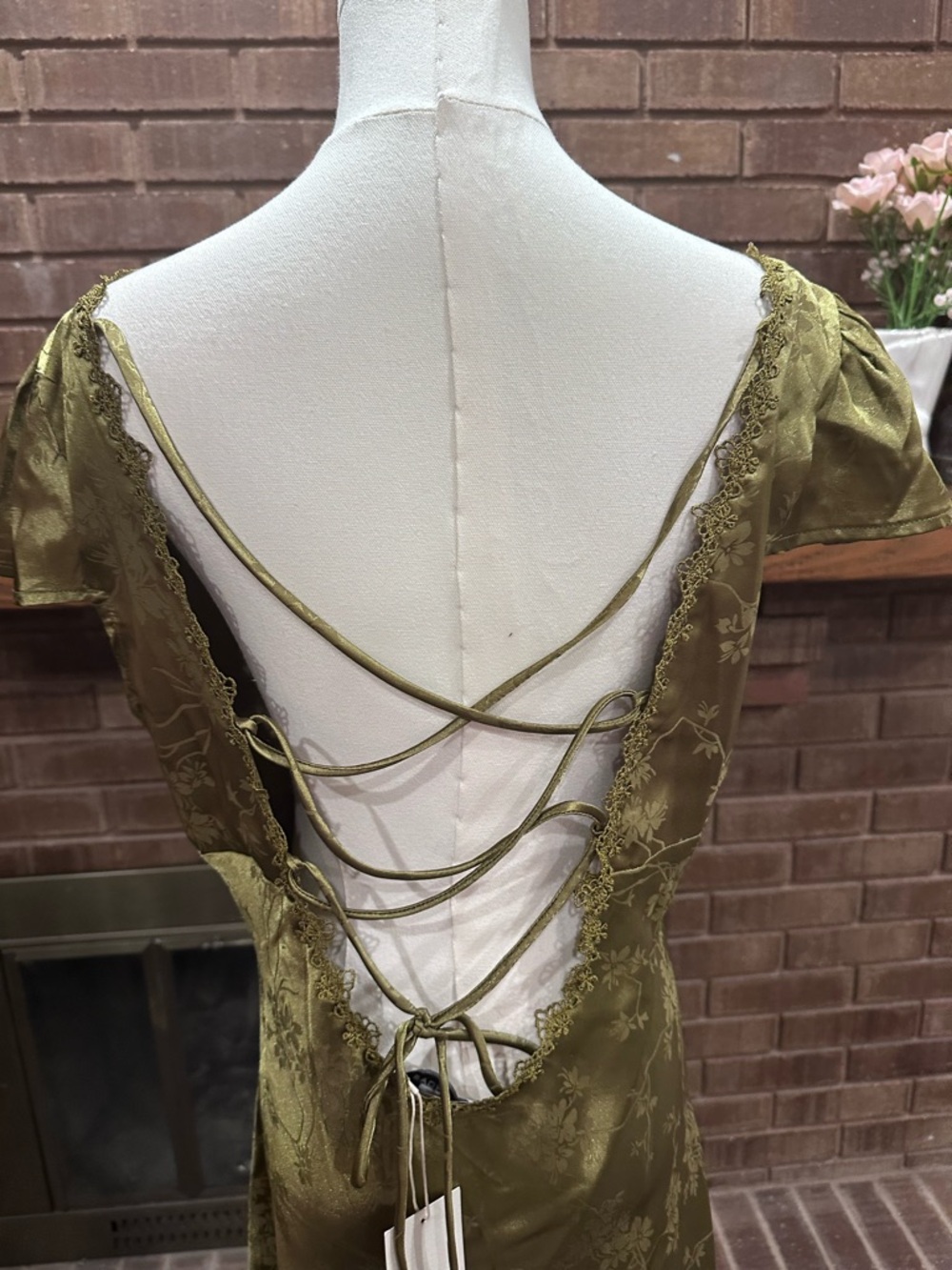 NWT Rihoas Olive Green Jacquard Cap Sleeve Satin Midi Dress XL Cottagecore - Picture 10 of 11